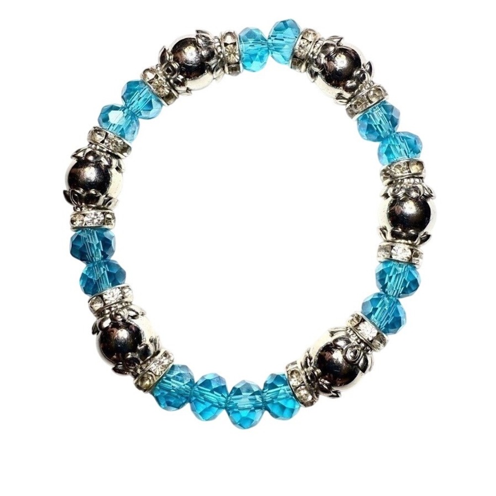 Faceted Aqua Blue Silvertone Bracelet Beaded Rhinestone Spacers Stretch Jewelry